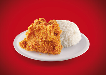 crispy fried chicken in a red background with rice