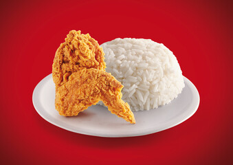 crispy fried chicken in a red background with rice