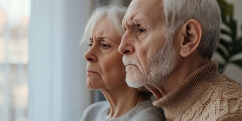 Elderly couple lost in thought, reflecting on their journey together, showcasing emotions of love and wisdom in a serene setting.