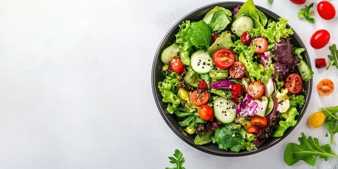Fresh and vibrant salad bowl filled with greens, tomatoes, and cucumbers, perfect for healthy eating and nutrition.