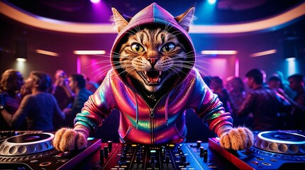 An energetic cat dressed in a colorful hoodie is having a blast as the DJ at a lively club