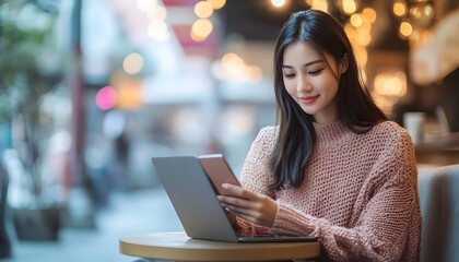Woman Working on Laptop and Using Smartphone in a Cafe