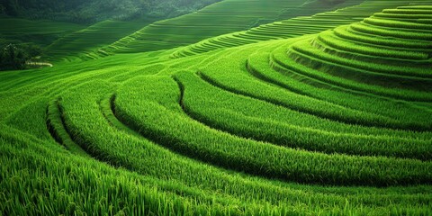 Fototapeta premium Lush green terraced fields showcase the beauty of agricultural landscape and sustainable farming practices in harmony with nature.