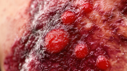 Detailed Close-Up of Cutaneous T-Cell Lymphoma on Chest Featuring Red Scaly Patches Indicating Skin Condition Severity
