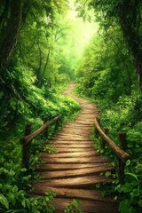 Obraz premium A wooden pathway through a green forest, highly detailed, bright exposure 