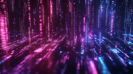 Obraz premium Vibrant digital particles and binary numbers create a mesmerizing abstract landscape at night background