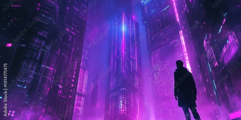 Sticker Synthwave skyscraper silhouetted against a neon-lit cityscape.