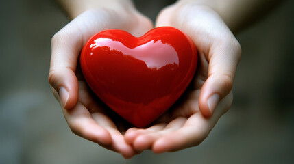 Fototapeta premium two hands gently holding a shiny red heart, symbolizing love, care, and compassion. The reflection on the heart adds a glossy, polished effect, enhancing the feeling of warmth and tenderness