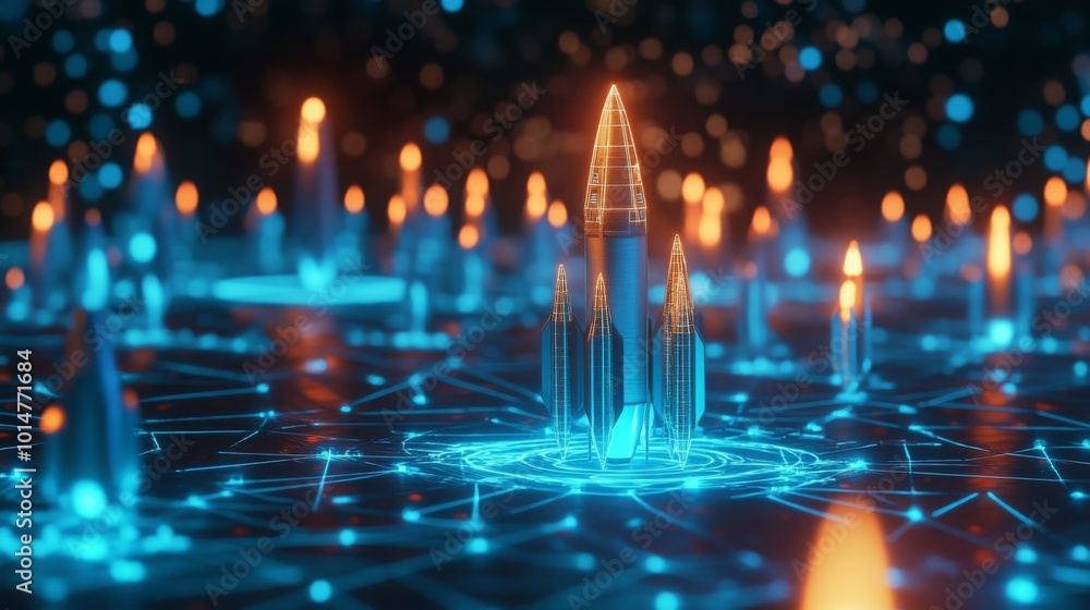 Poster a futuristic rocket stands at the center of a glowing, intricate network of crystals and vibrant lig