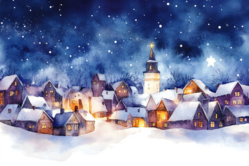 A watercolor Christmas village with neon-infused lights and snow-capped rooftops, set against a starry night sky