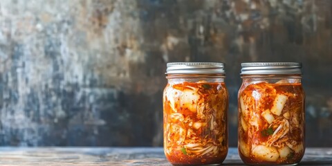 Two jars filled with vibrant kimchi sitting on a rustic wooden table, showcasing the art of fermentation and culinary tradition.