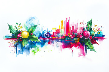 Bring to life a watercolor masterpiece merging Christmas charm with cyberpunk vibes Envision vibrant greens