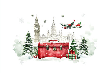 Naklejka premium Capture a low-angle view of a watercolor illustration showcasing a festive Christmas travel scene with a suitcase