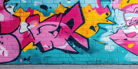 Vibrant street art featuring bold colors and dynamic shapes, showcasing creativity and urban culture on a brick wall.