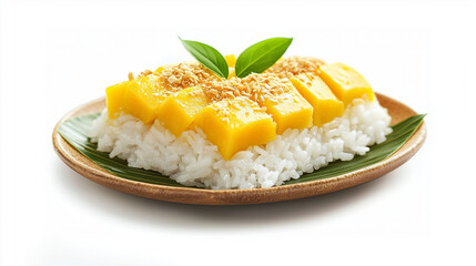 Delight in flavors of this traditional dessert featuring sticky rice topped with ripe mango slices, sprinkled with coconut and crushed peanuts, served on leaf.