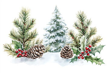 Craft a detailed watercolor illustration showcasing snow-covered trees, pine cones, and holly berries in a classic Christmas color palette of greens, reds, and whites