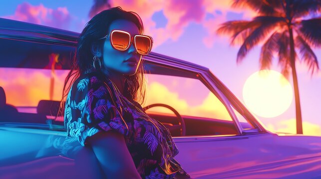 Fototapeta A woman in sunglasses leans out of a vintage car with a palm tree and a sunset in the background.