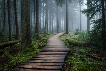 Fototapeta premium A wooden pathway through a misty forest, highly detailed, bright exposure 