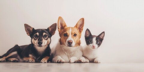 A charming trio of pets featuring two dogs and a cat, showcasing their adorable personalities and playful nature together.