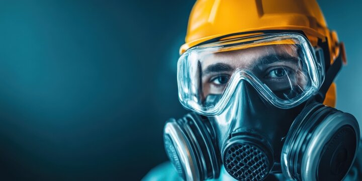 A close-up portrait of a worker wearing a gas mask and safety goggles, representing safety and protection in hazardous environments.