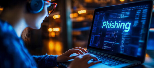 Cybersecurity Threat: A close-up shot of a woman concentrating intently on her laptop, the word "Phishing" glowing ominously on the screen. This image evokes a sense of danger and vulnerability.