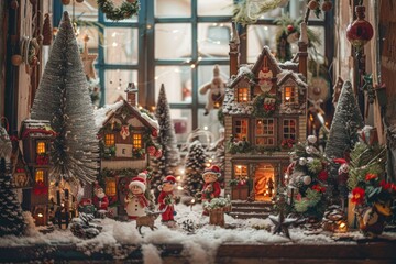 Fototapeta premium A Christmas scene with a small town of houses and a snow covered landscape. The houses are decorated with lights and ornaments