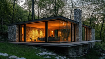Fototapeta premium A modern stone cabin with expansive glass windows, warmly lit, surrounded by lush forest for a serene nature retreat. 
