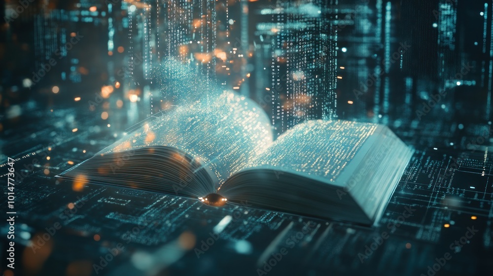 Poster an open book emitting digital data in a futuristic environment.