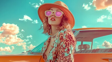 A woman in sunglasses and a patterned shirt leans against a vintage yellow car with a colorful retro style scene.