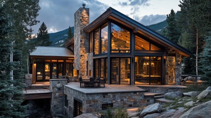 A rustic mountain cabin with stone walls, large glass windows, and a cozy interior, nestled in a wooded mountain setting.
