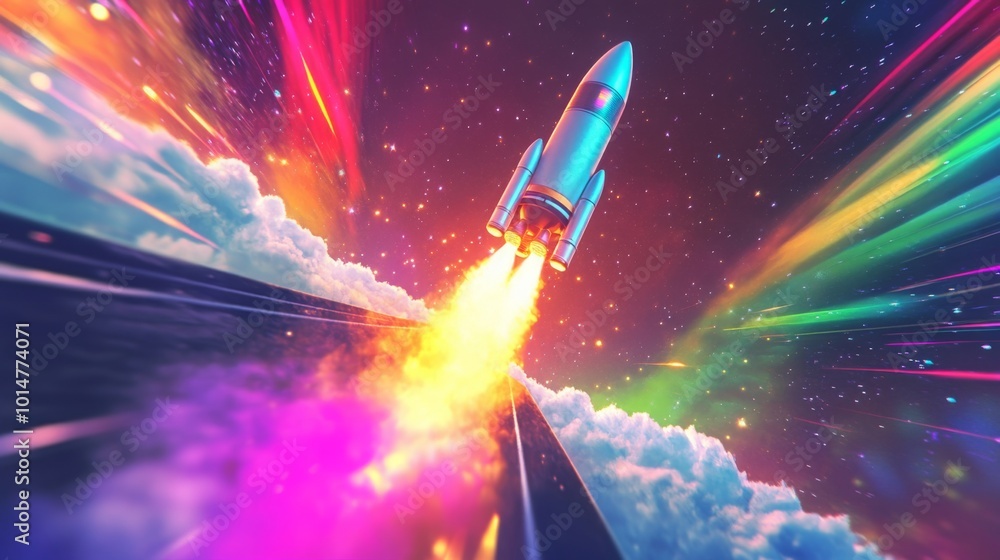 Poster a rocket ascends into a vivid cosmic landscape, surrounded by swirling clouds and beams of color. th