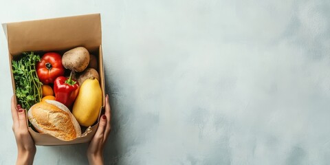 A person holds a cardboard box filled with fresh vegetables and bread, showcasing a healthy lifestyle and organic food options.