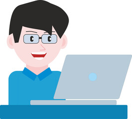 illustration of a young man with glasses while working or studying on a laptop computer