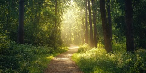 Obraz premium A serene forest path illuminated by soft sunlight, inviting nature lovers to explore the beauty of the great outdoors.