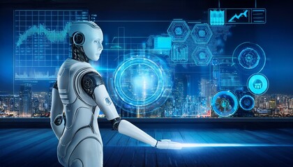 AI assistant projecting a virtual dashboard with stock market trends and financial insights