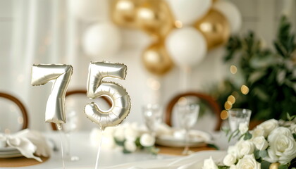 Golden helium floating balloons made in shape of number seventy five. Birthday jubilee party or anniversary wedding for 75 years celebration. Elegant white decorations