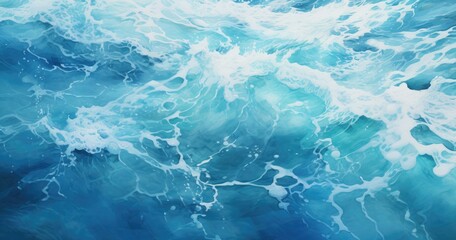 Fototapeta premium A beautiful photorealistic view of the sea surface, with waves breaking and splashing water, capturing intricate details in shades of blue and white
