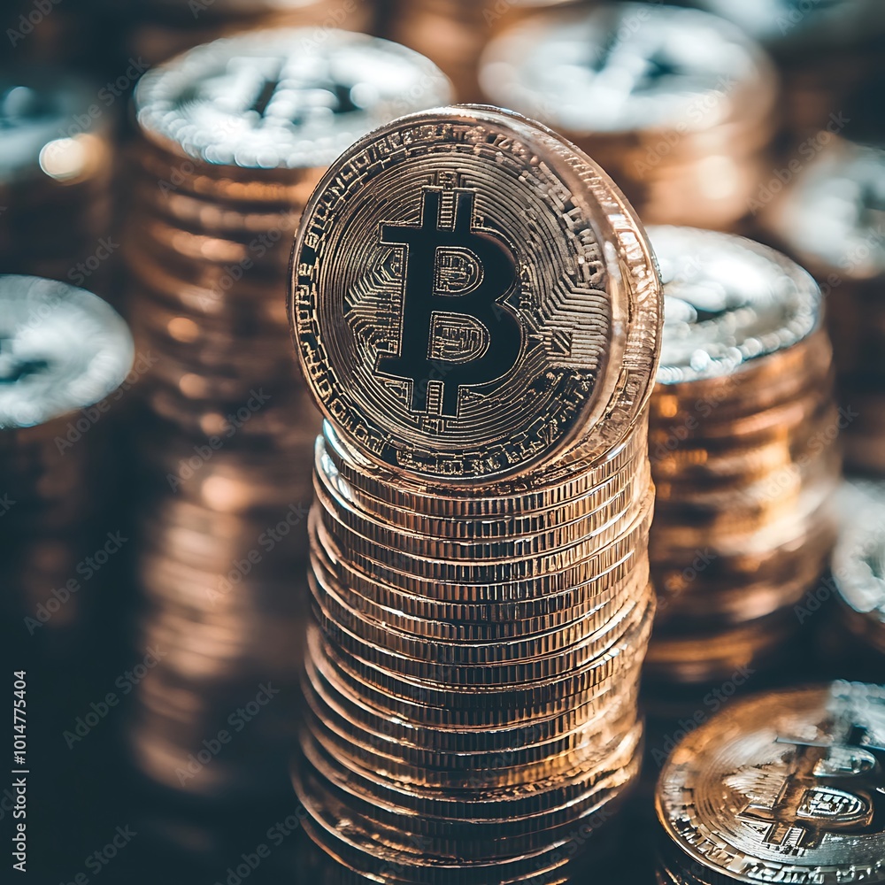 Poster multiple golden bitcoins stacked together symbolizing the accumulation of wealth through cryptocurre