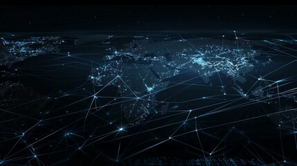 Obraz premium A digital world map showcasing global network connections with blue light nodes, representing data exchange and connectivity across continents.