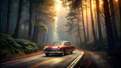 design of vintage a car on the road in forest