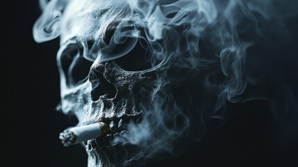A skull exhaling smoke from a cigarette, creating a dark and moody atmosphere.