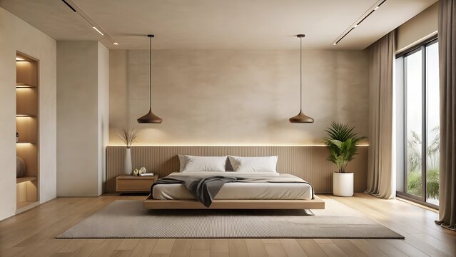 Minimalist interior design of modern bedroom with Light brown wall