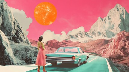 A woman in a pink dress stands by a vintage car in a surreal mountain landscape with a large orange sun in the sky.