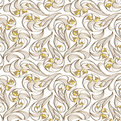 Abstract light seamless floral pattern. White and yellow flowers, figured elements with golden outline.