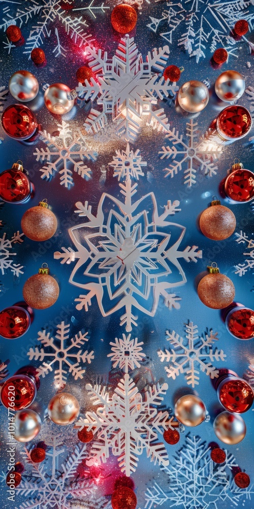 Poster decorative snowflakes and baubles in a symmetrical pattern on a backdrop.