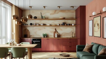 Elegant apartment with garnet kitchen cabinets, wooden art shelves, opaline walls, bronze pendant lights, sage green sofa, and sand dining chairs