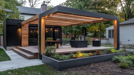 Modern outdoor space featuring a pergola and dining area for social gatherings.
