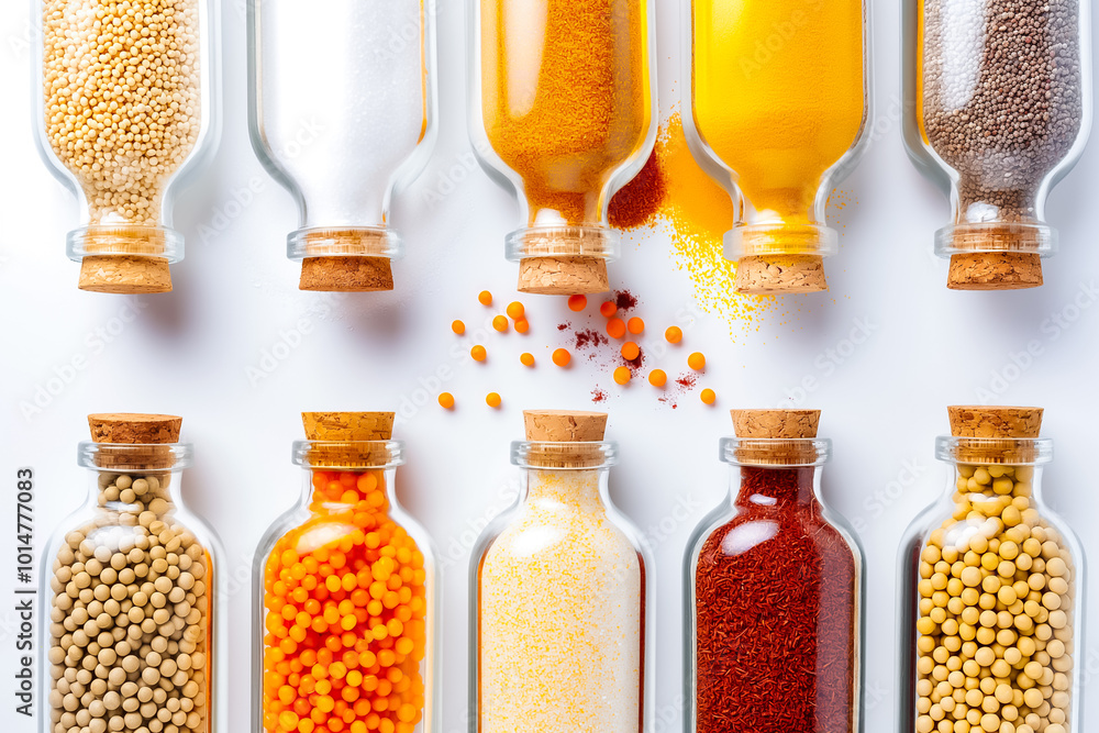 Poster an array of spices displayed in glass bottles with cork stoppers, featuring hues of orange, yellow, 