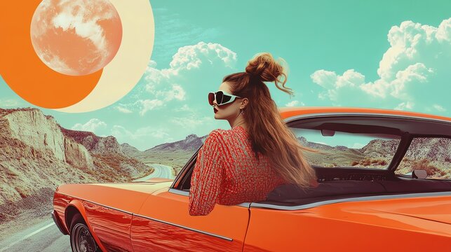 Fototapeta A woman in sunglasses leans out of a vintage car with mountains and a large orange sun in the background.