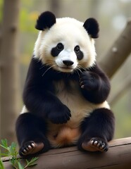 Obraz premium a panda bear sits on a tree trunk and holds his paw up.